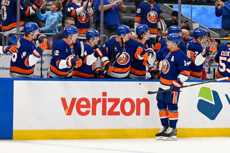 Dec 9, 2025; Elmont, New York, USA;  New York Islanders center Bo Horvat (14) celebrates his goal against the Vegas Golden Knights during during the third period at UBS Arena. Mandatory Credit: Dennis Schneidler-Imagn Images