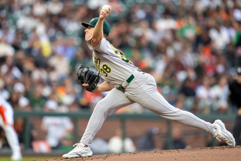 Jul 30, 2024; San Francisco, California, USA;  Oakland Athletics starting pitcher JP Sears (38) delivers a pitch against the San Francisco Giants during the first inning at Oracle Park. Mandatory Credit: Neville E. Guard-USA TODAY Sports