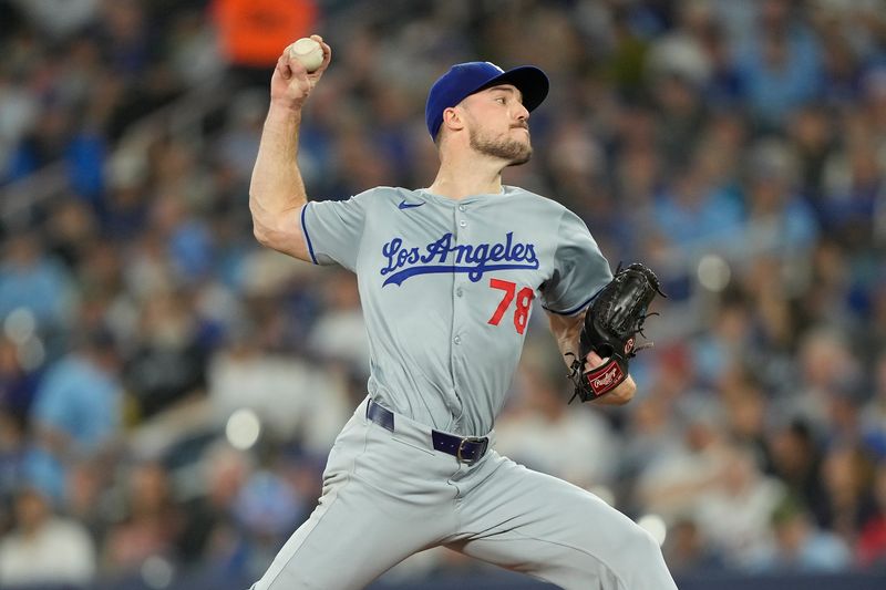 Apr 28, 2024; Toronto, Ontario, CAN; Los Angeles Dodgers starting pitcher Michael Grove (78) pitches to the Toronto Blue Jays during the second inning at Rogers Centre. Mandatory Credit: John E. Sokolowski-USA TODAY Sports