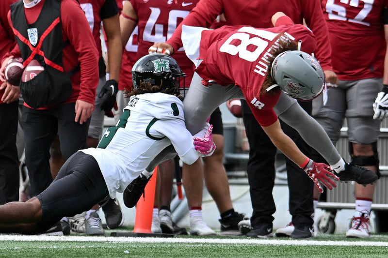 Oct 19, 2024; Pullman, Washington, USA; Washington State Cougars wide receiver Josh Meredith (18) is pushed out of bounds by Hawaii Warriors linebacker Jalen Smith (3) in the second half at Gesa Field at Martin Stadium. Washington State won 42-10. Mandatory Credit: James Snook-Imagn Images