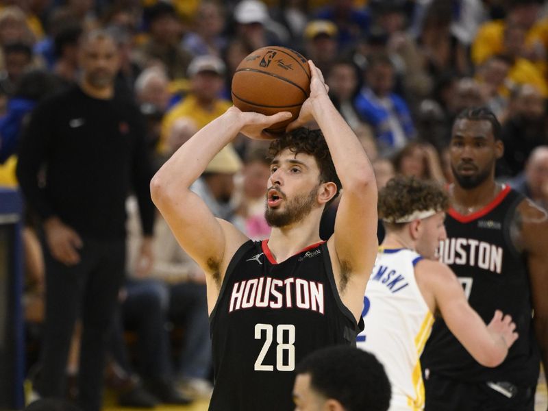 SAN FRANCISCO, CA - APRIL 26:  Alperen Sengun #28 of the Houston Rockets shoots a free throw during the game against the Golden State Warriors  during Round 1 Game 3 of the 2025 NBA Playoffs   on April 26, 2025 at Chase Center in San Francisco, California. NOTE TO USER: User expressly acknowledges and agrees that, by downloading and or using this photograph, user is consenting to the terms and conditions of Getty Images License Agreement. Mandatory Copyright Notice: Copyright 2025 NBAE (Photo by David Dow/NBAE via Getty Images)