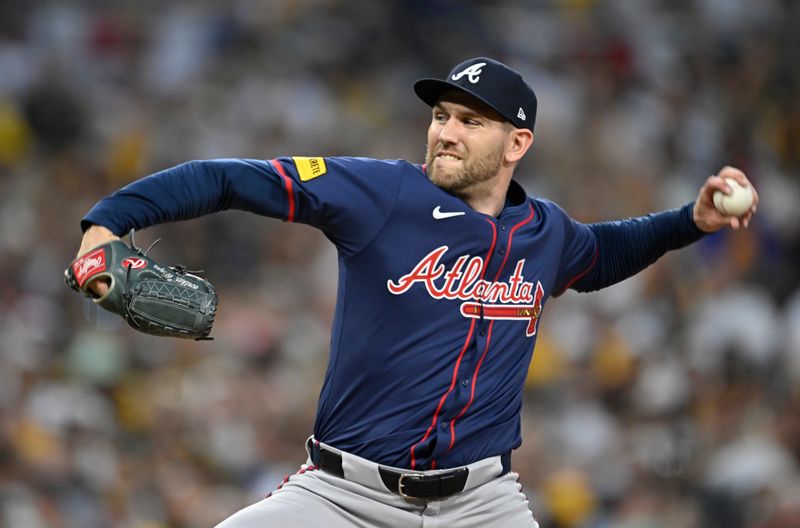 Oct 2, 2024; San Diego, California, USA; Atlanta Braves pitcher Dylan Lee (52) throws during the third inning of game two in the Wildcard round for the 2024 MLB Playoffs against the San Diego Padres at Petco Park. Mandatory Credit: Denis Poroy-Imagn Images