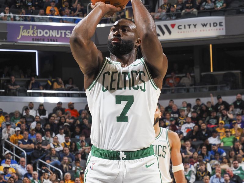 INDIANAPOLIS, IN - OCTOBER 30: Jaylen Brown #7 of the Boston Celtics shoots a free throw during the game on October 30, 2024 at Gainbridge Fieldhouse in Indianapolis, Indiana. NOTE TO USER: User expressly acknowledges and agrees that, by downloading and or using this Photograph, user is consenting to the terms and conditions of the Getty Images License Agreement. Mandatory Copyright Notice: Copyright 2024 NBAE (Photo by Ron Hoskins/NBAE via Getty Images)