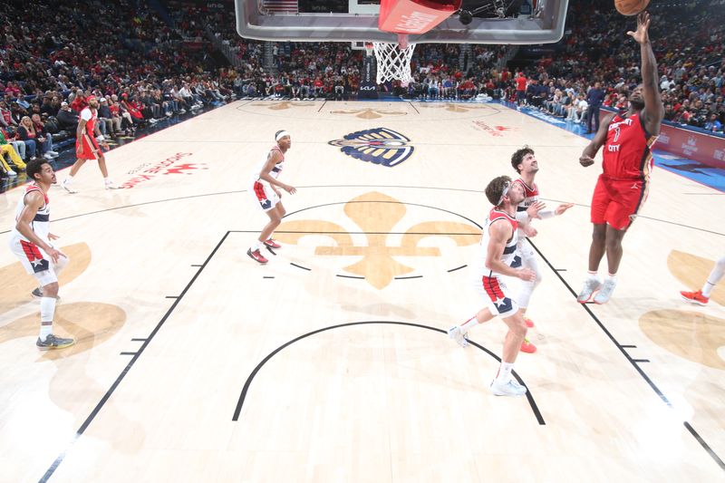 NEW ORLEANS, LA - FEBRUARY 14: Zion Williamson #1 of the New Orleans Pelicans shoots the ball during the game against the Washington Wizards on February 14, 2024 at the Smoothie King Center in New Orleans, Louisiana. NOTE TO USER: User expressly acknowledges and agrees that, by downloading and or using this Photograph, user is consenting to the terms and conditions of the Getty Images License Agreement. Mandatory Copyright Notice: Copyright 2024 NBAE (Photo by Layne Murdoch Jr./NBAE via Getty Images)