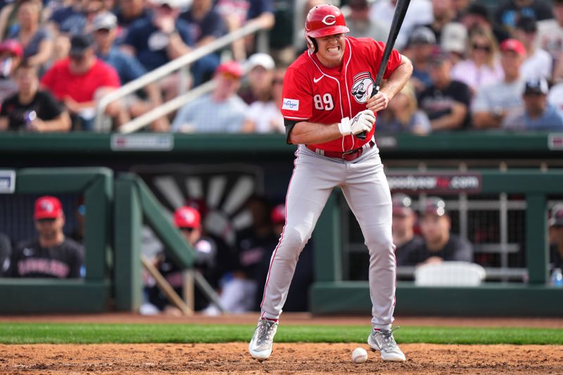 Feb. 24, 2024; Goodyear, Arizona, USA; Cincinnati Reds center fielder Jacob Hurtubise (89) reacts after being hit by a pitch in the seventh inning during a MLB spring training baseball game against the Cleveland Guardians at Goodyear Ballpark. Mandatory Credit: Kareem Elgazzar-USA TODAY Sports