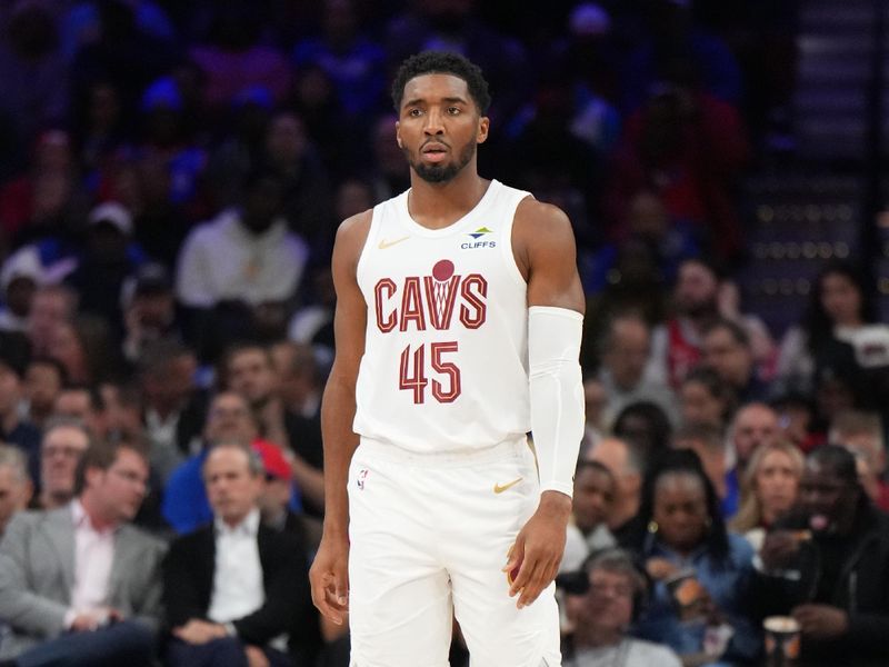 PHILADELPHIA, PA - NOVEMBER 13: Donovan Mitchell #45 of the Cleveland Cavaliers looks on during the game against the Philadelphia 76ers on November 13, 2024 at the Wells Fargo Center in Philadelphia, Pennsylvania NOTE TO USER: User expressly acknowledges and agrees that, by downloading and/or using this Photograph, user is consenting to the terms and conditions of the Getty Images License Agreement. Mandatory Copyright Notice: Copyright 2024 NBAE (Photo by Jesse D. Garrabrant/NBAE via Getty Images)