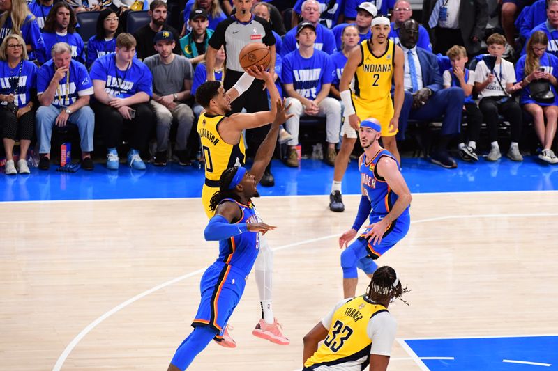 OKLAHOMA CITY, OK - JUNE 8: Tyrese Haliburton #0 of the Indiana Pacers shoots the ball during the game against the Oklahoma City Thunder during Game Two of the 2025 NBA Finals on June 8, 2025 at Paycom Center in Oklahoma City, Oklahoma. NOTE TO USER: User expressly acknowledges and agrees that, by downloading and or using this photograph, User is consenting to the terms and conditions of the Getty Images License Agreement. Mandatory Copyright Notice: Copyright 2025 NBAE (Photo by Adam Pantozzi/NBAE via Getty Images)