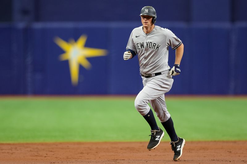 Aug 27, 2023; St. Petersburg, Florida, USA;  New York Yankees first baseman DJ LeMahieu (26) runs the bases after hitting a home run against the Tampa Bay Rays in the third inning at Tropicana Field. Mandatory Credit: Nathan Ray Seebeck-USA TODAY Sports