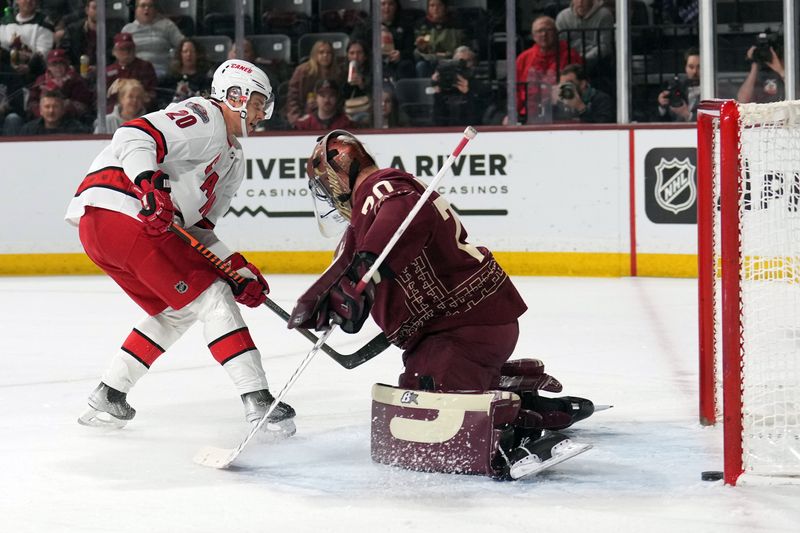 Mar 3, 2023; Tempe, Arizona, USA; Carolina Hurricanes center Sebastian Aho (20) scores a goal against Arizona Coyotes goaltender Karel Vejmelka (70) during the first period at Mullett Arena. Mandatory Credit: Joe Camporeale-USA TODAY Sports