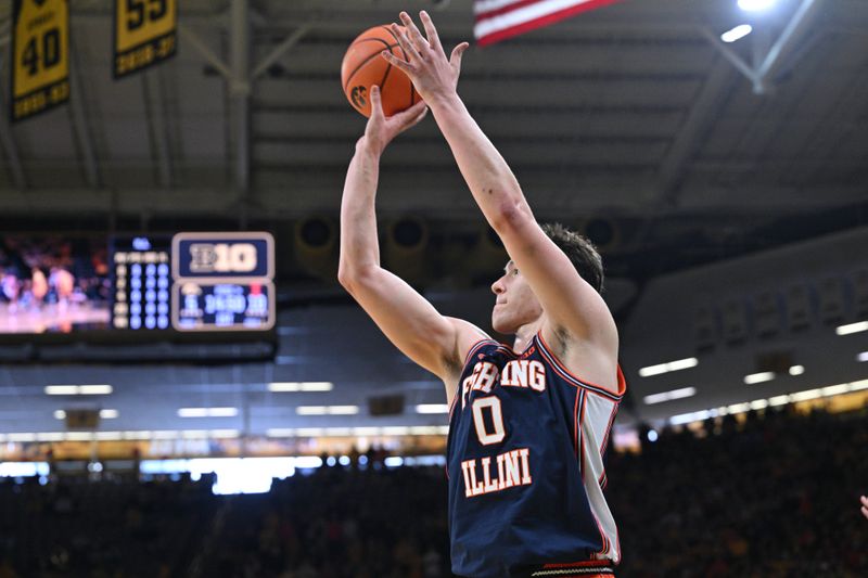 Jan 11, 2026; Iowa City, Iowa, USA; Illinois Fighting Illini forward David Mirkovic (0) shoots a three point basket against the Iowa Hawkeyes during the first half at Carver-Hawkeye Arena. Mandatory Credit: Jeffrey Becker-Imagn Images