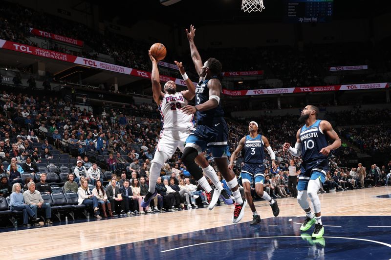 MINNEAPOLIS, MN -  MARCH 4:  Guerschon Yabusele #28 of the Philadelphia 76ers drives to the basket during the game against the Minnesota Timberwolves on March 4, 2025 at Target Center in Minneapolis, Minnesota. NOTE TO USER: User expressly acknowledges and agrees that, by downloading and or using this Photograph, user is consenting to the terms and conditions of the Getty Images License Agreement. Mandatory Copyright Notice: Copyright 2025 NBAE (Photo by David Sherman/NBAE via Getty Images)