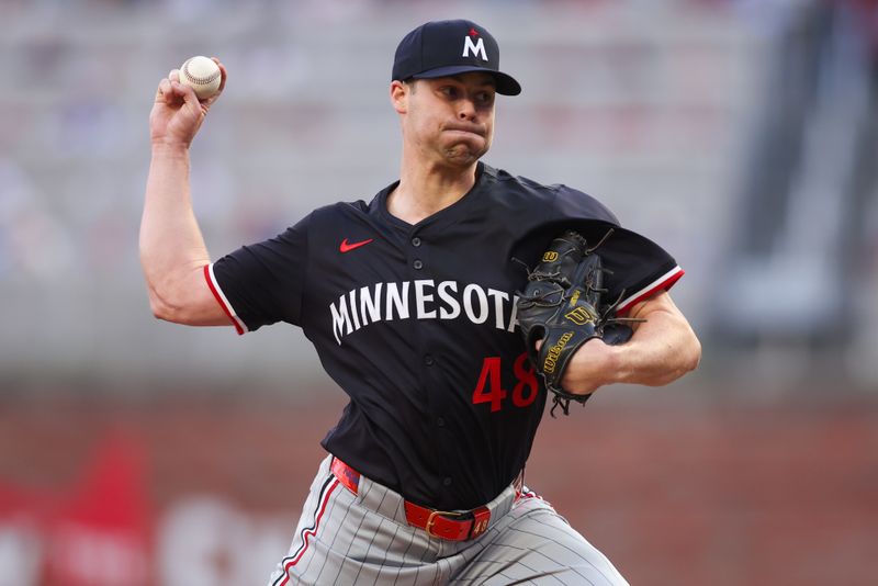 Apr 19, 2025; Atlanta, Georgia, USA; Minnesota Twins starting pitcher Justin Topa (48) throws against the Atlanta Braves in the first inning at Truist Park. Mandatory Credit: Brett Davis-Imagn Images