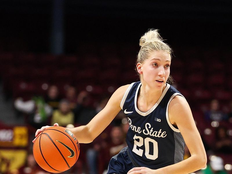 Jan 31, 2024; Minneapolis, Minnesota, USA; Penn State Nittany Lions guard Makenna Marisa (20) dribbles during the second half against the Minnesota Golden Gophers at Williams Arena. Mandatory Credit: Matt Krohn-USA TODAY Sports