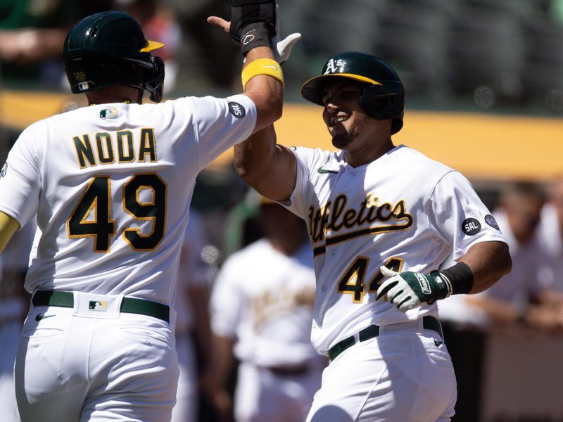 Sep 6, 2023; Oakland, California, USA; Oakland Athletics catcher Carlos P  rez (44) is greeted by Ryan Noda (49) after hitting a two run home run off Toronto Blue Jays starting pitcher Hyun Jin Ryu during the fourth inning at Oakland-Alameda County Coliseum. Mandatory Credit: D. Ross Cameron-USA TODAY Sports