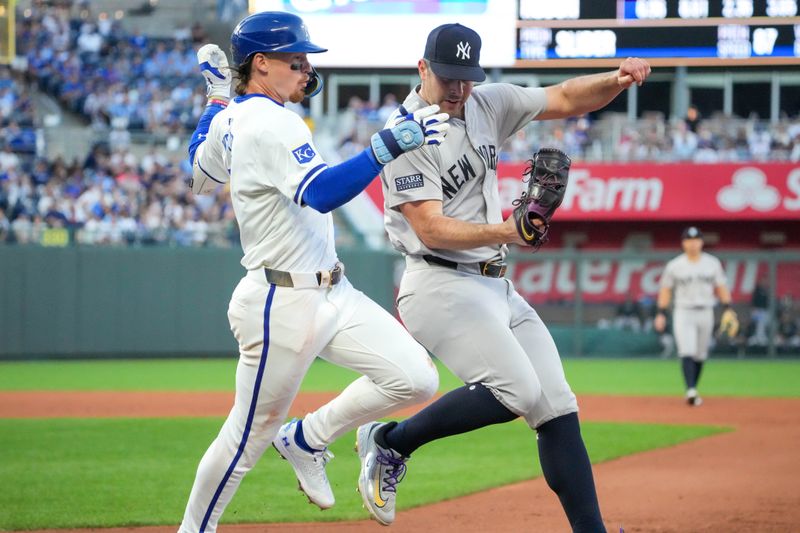 Jun 10, 2024; Kansas City, Missouri, USA; New York Yankees starting pitcher Carlos Rodón (55) gets the out on Kansas City Royals shortstop Bobby Witt Jr. (7) at first base in the fifth inning at Kauffman Stadium. Mandatory Credit: Denny Medley-USA TODAY Sports