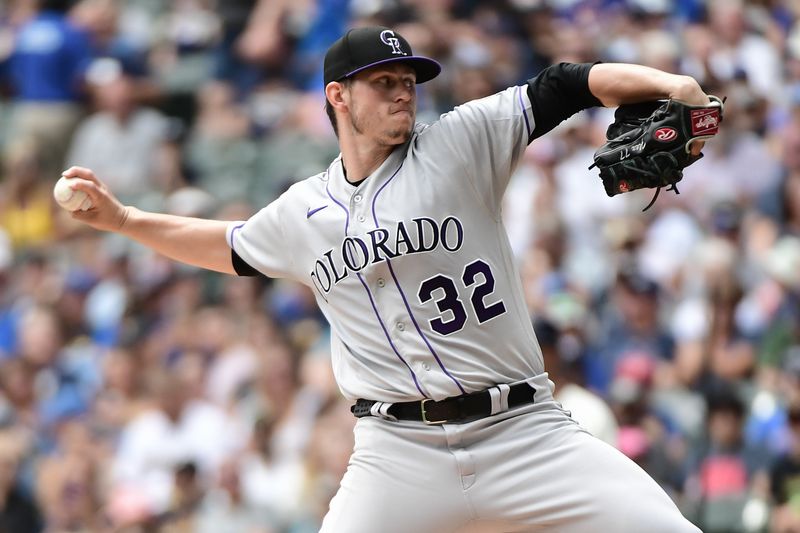 Aug 9, 2023; Milwaukee, Wisconsin, USA; Colorado Rockies pitcher Chris Flexen (32) pitches against the Milwaukee Brewers in the first inning at American Family Field. Mandatory Credit: Benny Sieu-USA TODAY Sports