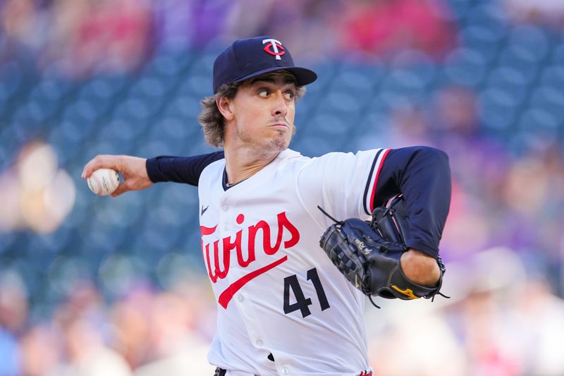 Jun 13, 2024; Minneapolis, Minnesota, USA; Minnesota Twins pitcher Joe Ryan (41) pitches against the Oakland Athletics in the first inning at Target Field. Mandatory Credit: Brad Rempel-USA TODAY Sports