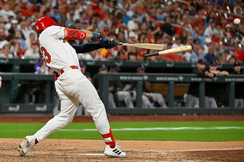 Jun 6, 2024; St. Louis, Missouri, USA;  St. Louis Cardinals center fielder Michael Siani (63) breaks his bat as he hits a one run single against the Colorado Rockies during the sixth inning at Busch Stadium. Mandatory Credit: Jeff Curry-USA TODAY Sports