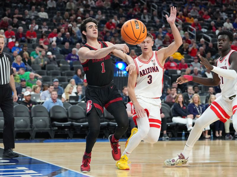 Mar 9, 2023; Las Vegas, NV, USA; Stanford Cardinal guard Isa Silva (1) passes as Arizona Wildcats guard Pelle Larsson (3) defends him during the first half at T-Mobile Arena. Mandatory Credit: Stephen R. Sylvanie-USA TODAY Sports