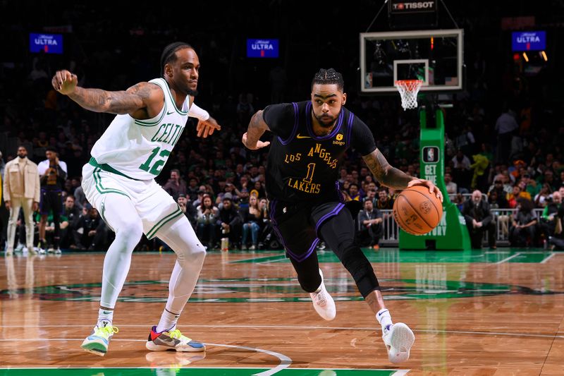 BOSTON, MA - FEBRUARY 1:  D'Angelo Russell #1 of the Los Angeles Lakers handles the ball during the game  against the Boston Celtics on February 1, 2024 at the TD Garden in Boston, Massachusetts. NOTE TO USER: User expressly acknowledges and agrees that, by downloading and or using this photograph, User is consenting to the terms and conditions of the Getty Images License Agreement. Mandatory Copyright Notice: Copyright 2024 NBAE  (Photo by Brian Babineau/NBAE via Getty Images)