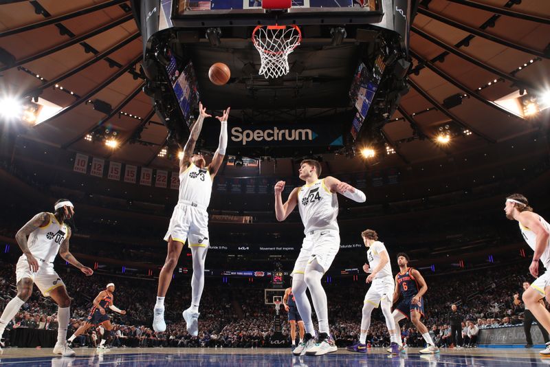 NEW YORK, NY - JANUARY 30: Keyonte George #3 of the Utah Jazz rebounds the ball during the game against the New York Knicks on January 30, 2024 at Madison Square Garden in New York City, New York.  NOTE TO USER: User expressly acknowledges and agrees that, by downloading and or using this photograph, User is consenting to the terms and conditions of the Getty Images License Agreement. Mandatory Copyright Notice: Copyright 2024 NBAE  (Photo by Nathaniel S. Butler/NBAE via Getty Images)