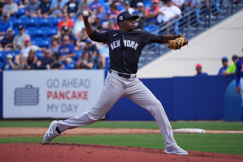 Mar 5, 2024; Port St. Lucie, Florida, USA;  New York Yankees pitcher Yerry de los Santos (73) pitches in the third inning against the New York Mets at Clover Park. Mandatory Credit: Jim Rassol-USA TODAY Sports