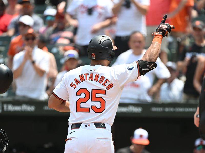 Jul 14, 2024; Baltimore, Maryland, USA;  Baltimore Orioles outfielder Anthony Santander (25) reacts after hitting a home run during the sixth inning against the New York Yankees at Oriole Park at Camden Yards. Mandatory Credit: James A. Pittman-USA TODAY Sports