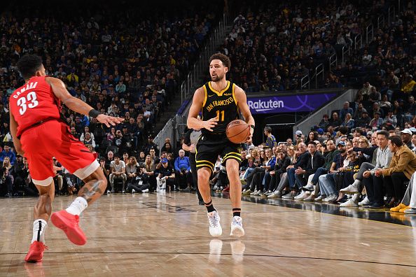 SAN FRANCISCO, CA - DECEMBER 23: Klay Thompson #11 of the Golden State Warriors dribbles the ball during the game against the Portland Trail Blazers on December 23, 2023 at Chase Center in San Francisco, California. NOTE TO USER: User expressly acknowledges and agrees that, by downloading and or using this photograph, user is consenting to the terms and conditions of Getty Images License Agreement. Mandatory Copyright Notice: Copyright 2023 NBAE (Photo by Noah Graham/NBAE via Getty Images)