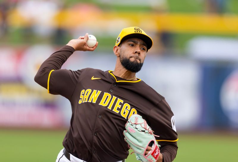 Mar 5, 2025; Peoria, Arizona, USA; San Diego Padres pitcher Robert Suarez against the Colorado Rockies during a spring training game at Peoria Sports Complex. Mandatory Credit: Mark J. Rebilas-Imagn Images