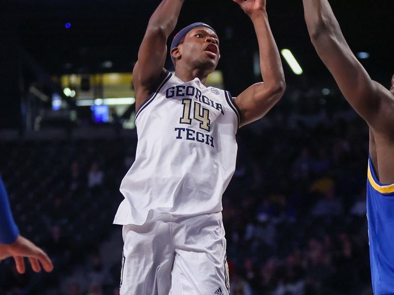 Jan 23, 2024; Atlanta, Georgia, USA; Georgia Tech Yellow Jackets guard Kowacie Reeves Jr. (14) shoots against the Pittsburgh Panthers in the second half at McCamish Pavilion. Mandatory Credit: Brett Davis-USA TODAY Sports