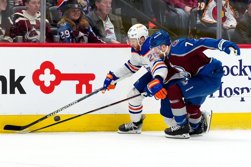 Apr 18, 2024; Denver, Colorado, USA; Edmonton Oilers right wing Connor Brown (28) and Colorado Avalanche defenseman Devon Toews (7) battle for the puck in the first period at Ball Arena. Mandatory Credit: Ron Chenoy-USA TODAY Sports