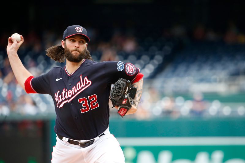 Sep 10, 2023; Washington, District of Columbia, USA; Washington Nationals starting pitcher Trevor Williams (32) throws the ball in the first inning against the Los Angeles Dodgers at Nationals Park. Mandatory Credit: Amber Searls-USA TODAY Sports