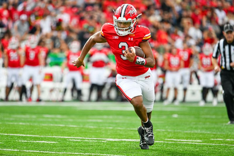 Sep 30, 2023; College Park, Maryland, USA; Maryland Terrapins quarterback Taulia Tagovailoa (3) runs in the open field for a touchdown during the first half  against the Indiana Hoosiers at SECU Stadium. Mandatory Credit: Tommy Gilligan-USA TODAY Sports