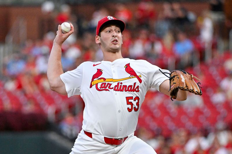 Sep 16, 2024; St. Louis, Missouri, USA;  St. Louis Cardinals starting pitcher Andre Pallante (53) pitches against the Pittsburgh Pirates during the first inning at Busch Stadium. Mandatory Credit: Jeff Curry-Imagn Images