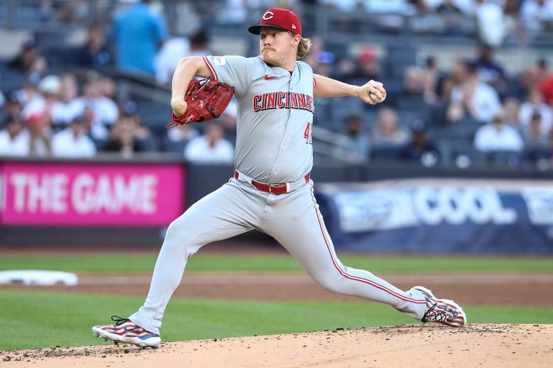 Jul 3, 2024; Bronx, New York, USA; Cincinnati Reds starting pitcher Andrew Abbott (41) pitches in the first inning against the New York Yankees at Yankee Stadium. Mandatory Credit: Wendell Cruz-USA TODAY Sports