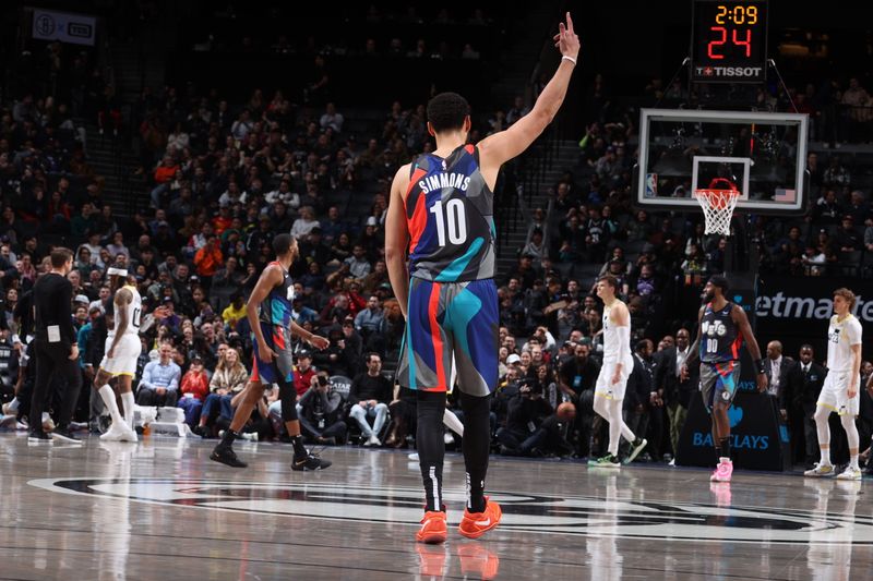 BROOKLYN, NY - JANUARY 29: Ben Simmons #10 of the Brooklyn Nets reacts to a play during the game against the Utah Jazz on January 29, 2024 at Barclays Center in Brooklyn, New York. NOTE TO USER: User expressly acknowledges and agrees that, by downloading and or using this Photograph, user is consenting to the terms and conditions of the Getty Images License Agreement. Mandatory Copyright Notice: Copyright 2024 NBAE (Photo by Nathaniel S. Butler/NBAE via Getty Images)