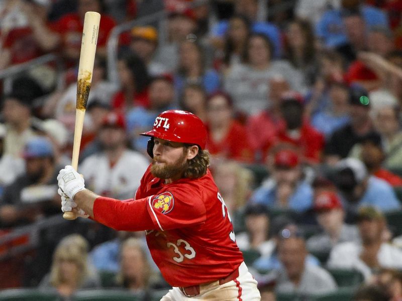 Apr 25, 2025; St. Louis, Missouri, USA;  St. Louis Cardinals second baseman Brendan Donovan (33) hits a one run single against the Milwaukee Brewers during the fifth inning at Busch Stadium. Mandatory Credit: Jeff Curry-Imagn Images