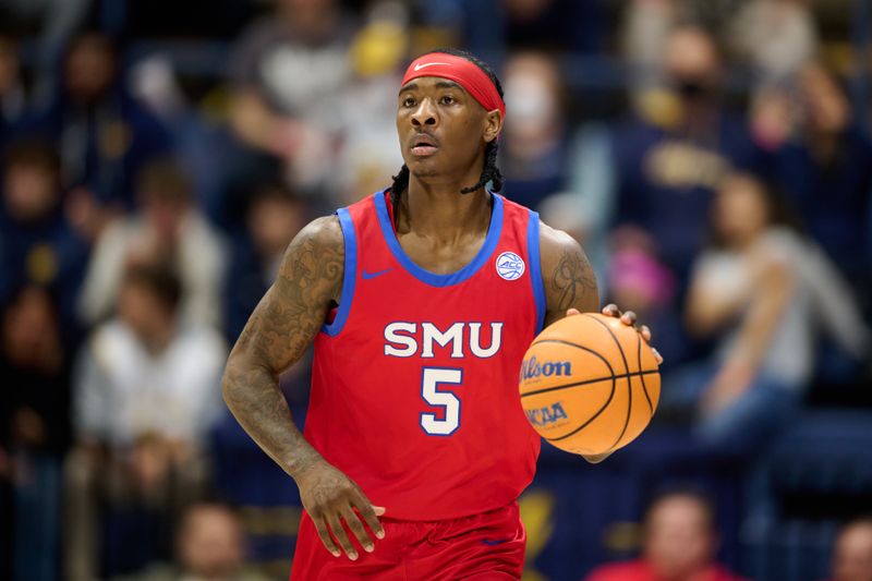 Feb 25, 2026; Berkeley, California, USA; SMU Mustangs guard Jaron Pierre Jr. (5) brings the ball upcourt against against the California Golden Bears during the first half at Haas Pavilion. Mandatory Credit: Robert Edwards-Imagn Images