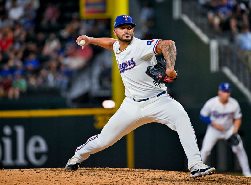 Jun 8, 2024; Arlington, Texas, USA; Texas Rangers relief pitcher Jesus Tinoco (59) pitches during the game between the Rangers and the San Francisco Giants at Globe Life Field. Mandatory Credit: Jerome Miron-USA TODAY Sports