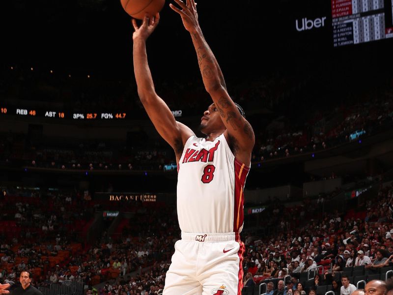 MIAMI, FL - OCTOBER 13: Josh Christopher #8 of the Miami Heat shoots the ball during the game against the New Orleans Pelicans during a NBA pre season game on October 13, 2024 at Kaseya Center in Miami, Florida. NOTE TO USER: User expressly acknowledges and agrees that, by downloading and or using this Photograph, user is consenting to the terms and conditions of the Getty Images License Agreement. Mandatory Copyright Notice: Copyright 2024 NBAE (Photo by Issac Baldizon/NBAE via Getty Images)