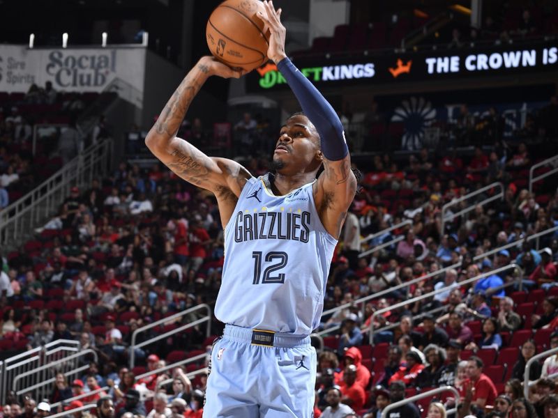 HOUSTON, TX - OCTOBER 25: Ja Morant #12 of the Memphis Grizzlies shoots the ball during the game against the Houston Rockets on October 25, 2024 at the Toyota Center in Houston, Texas. NOTE TO USER: User expressly acknowledges and agrees that, by downloading and or using this photograph, User is consenting to the terms and conditions of the Getty Images License Agreement. Mandatory Copyright Notice: Copyright 2024 NBAE (Photo by Logan Riely/NBAE via Getty Images)