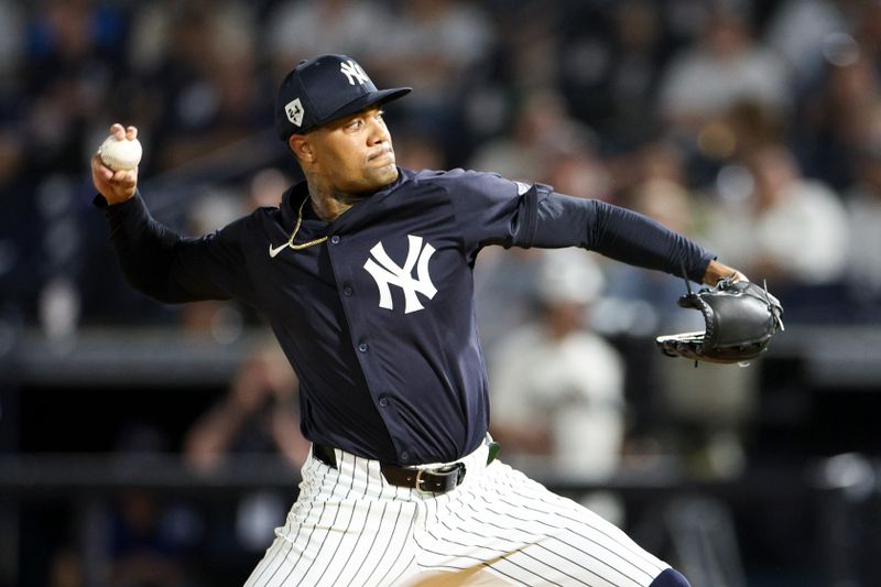 Mar 1, 2024; Tampa, Florida, USA;  New York Yankees pitcher Dennis Santana (53) throws a pitch against the Toronto Blue Jays in the seventh inning at George M. Steinbrenner Field. Mandatory Credit: Nathan Ray Seebeck-USA TODAY Sports