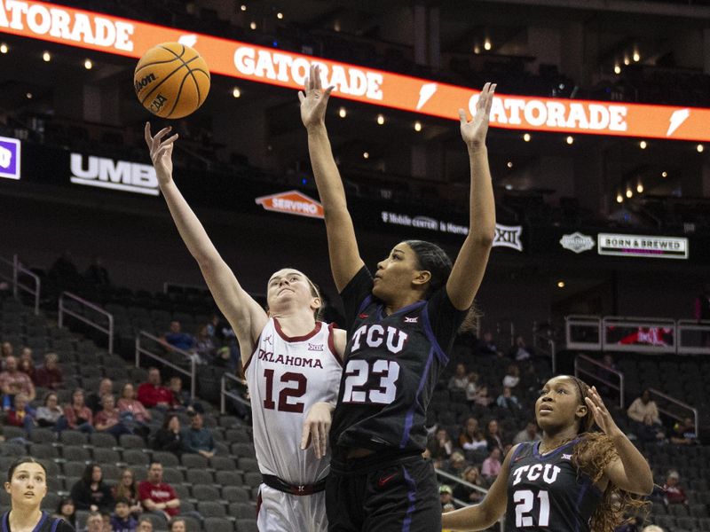 Mar 9, 2024; Kansas City, MO, USA; Oklahoma Sooners guard Payton Verhulst (12) shoots the ball against Texas Christian Horned Frogs forward Aaliyah Roberson (23) during the second half at T-Mobile Center. Mandatory Credit: Amy Kontras-USA TODAY Sports