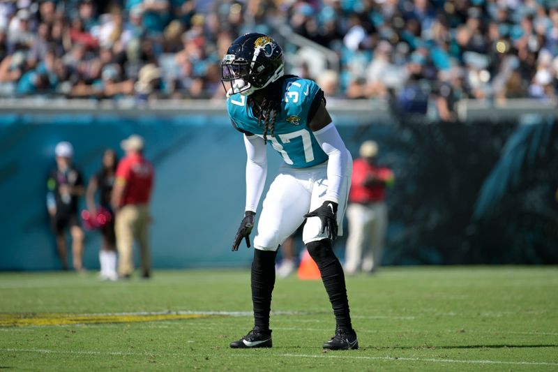 Jacksonville Jaguars cornerback Tre Herndon (37) follows a play during the second half of an NFL football game against the Indianapolis Colts, Sunday, Oct. 15, 2023, in Jacksonville, Fla. (AP Photo/Phelan M. Ebenhack)