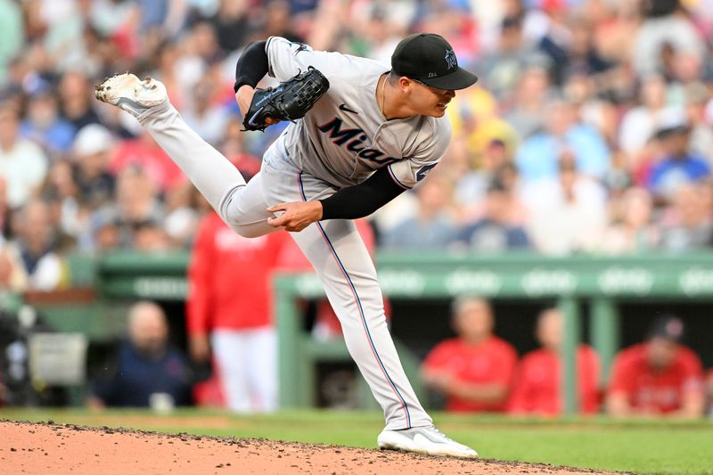 Jun 29, 2023; Boston, Massachusetts, USA; Miami Marlins starting pitcher Jesus Luzardo (44) pitches against the Boston Red Sox during the fifth inning at Fenway Park. Mandatory Credit: Brian Fluharty-USA TODAY Sports