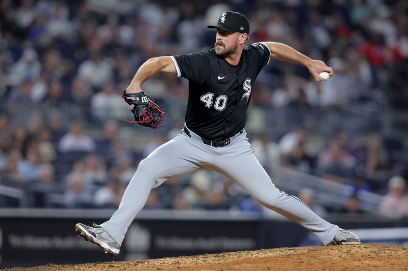 Sep 25, 2025; Bronx, New York, USA; Chicago White Sox relief pitcher Tyler Gilbert (40) pitches against the New York Yankees during the fifth inning at Yankee Stadium. Mandatory Credit: Brad Penner-Imagn Images