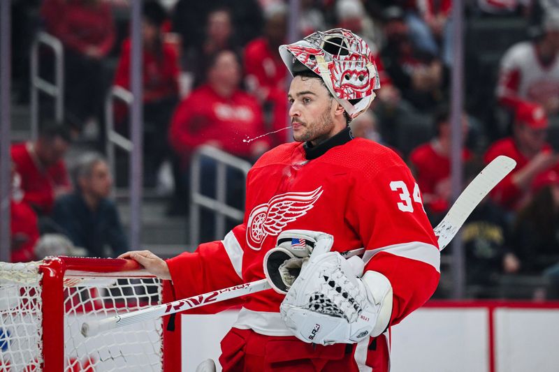 Feb 27, 2024; Detroit, Michigan, USA; Detroit Red Wings goaltender Alex Lyon (34) spits water before the game against the Washington Capitals at Little Caesars Arena. Mandatory Credit: Tim Fuller-USA TODAY Sports