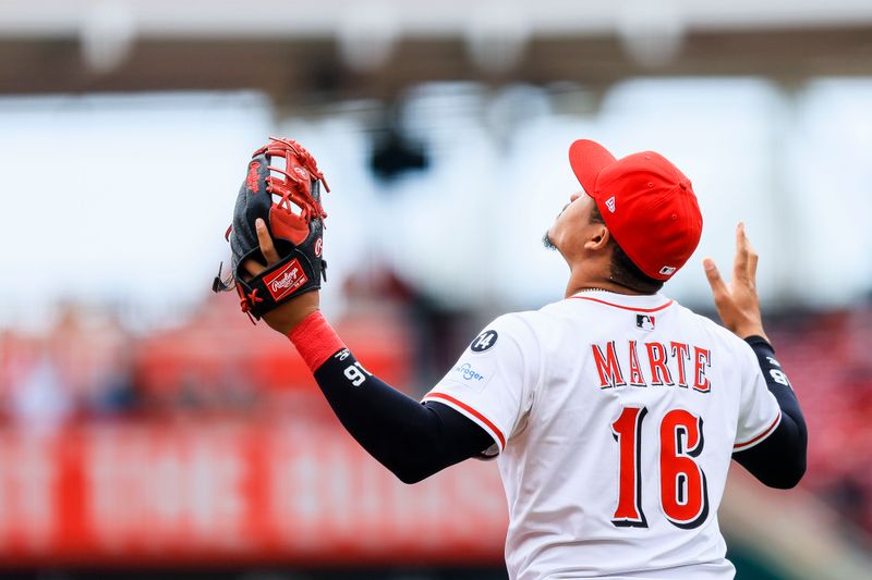 Apr 13, 2025; Cincinnati, Ohio, USA; Cincinnati Reds third baseman Noelvi Marte (16) reacts before the game against the Pittsburgh Pirates at Great American Ball Park. Mandatory Credit: Katie Stratman-Imagn Images