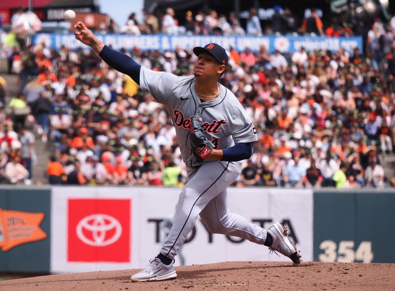 Aug 11, 2024; San Francisco, California, USA; Detroit Tigers starting pitcher Keider Montero (54) pitches the ball against the San Francisco Giants during the first inning at Oracle Park. Mandatory Credit: Kelley L Cox-USA TODAY Sports