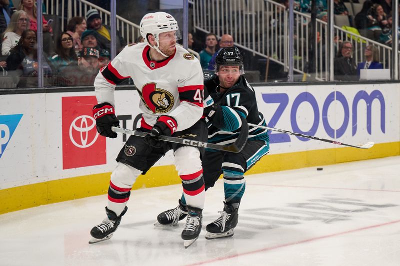 Mar 9, 2024; San Jose, California, USA; Ottawa Senators center Rourke Chartier (49) defends against San Jose Sharks center Thomas Bordeleau (17) during the second period at SAP Center at San Jose. Mandatory Credit: Robert Edwards-USA TODAY Sports